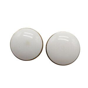 Vintage Trifari White Acrylic Clip On Earrings Gold Tone Round Domed 1 Inch
